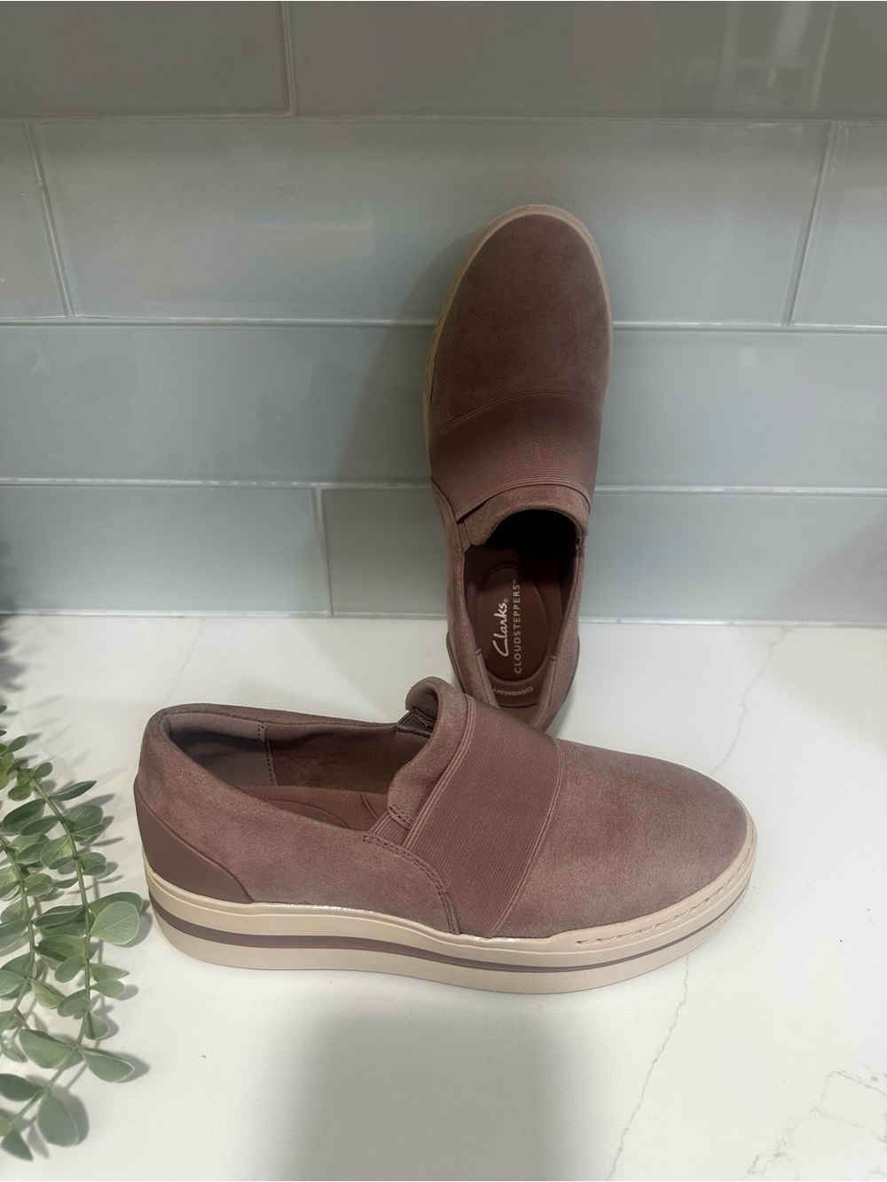Clarks Men’s Slip-On Suede Loafers in Mauve Brown with Cream Sole
